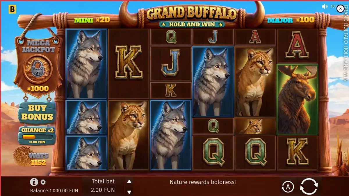 Cenário de deserto e búfalos no slot Grand Buffalo Hold and Win