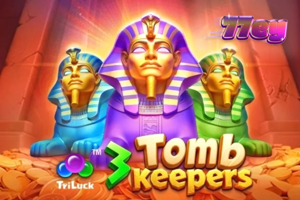 Cena de jogo do slot 3 Tomb Keepers mostrando estátuas de faraós e rolos egípcios